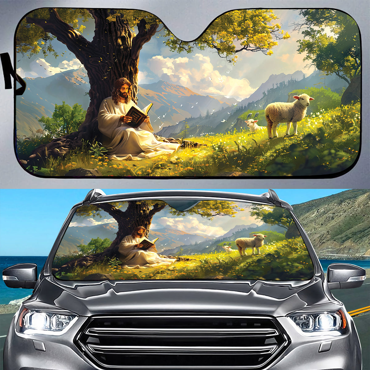 Teesdily | Jesus Reading Bible Book Sunshade Protector, Lamb Of God Auto Sun Shade, Christian Windshield Car Sunshade, Faith Religious Gifts