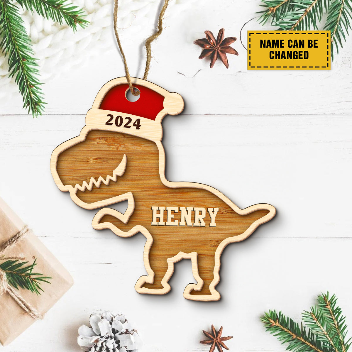 Teesdily | Customized Dinosaur Santa Christmas 2 Layered Wooden Ornament, Christmas T-rex Hat Ornament Decor, Christmas Gift Kid