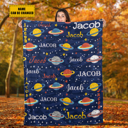 Teesdily | Custom Baby Blankets With Name Personalized Planets Blanket Kids Fleece Throw Blanket For Boys Baby Nursery Birthday Gift Bedroom Decor