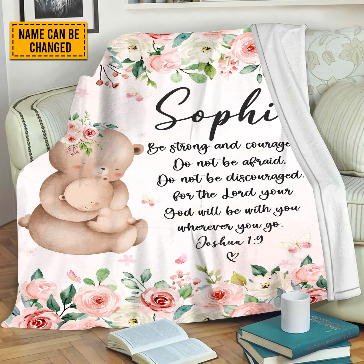 Teesdily | Bear Mom And Kid Personalized Fleece Blanket, God Verse Baby Blanket Gift, Baby Toddler Blanket, Floral Nursery Decor, Baby Shower Gifts