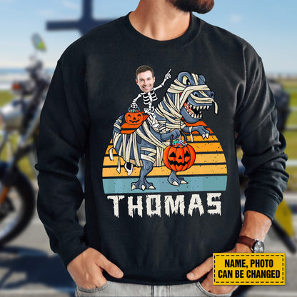 Teesdily | Customized Spooky Dinosaur Pumpkin Shirt, Happy Halloween Trick Or Treat Hoodie Sweatshirt Mug, Retro Skeleton T-shirt, Halloween Gift