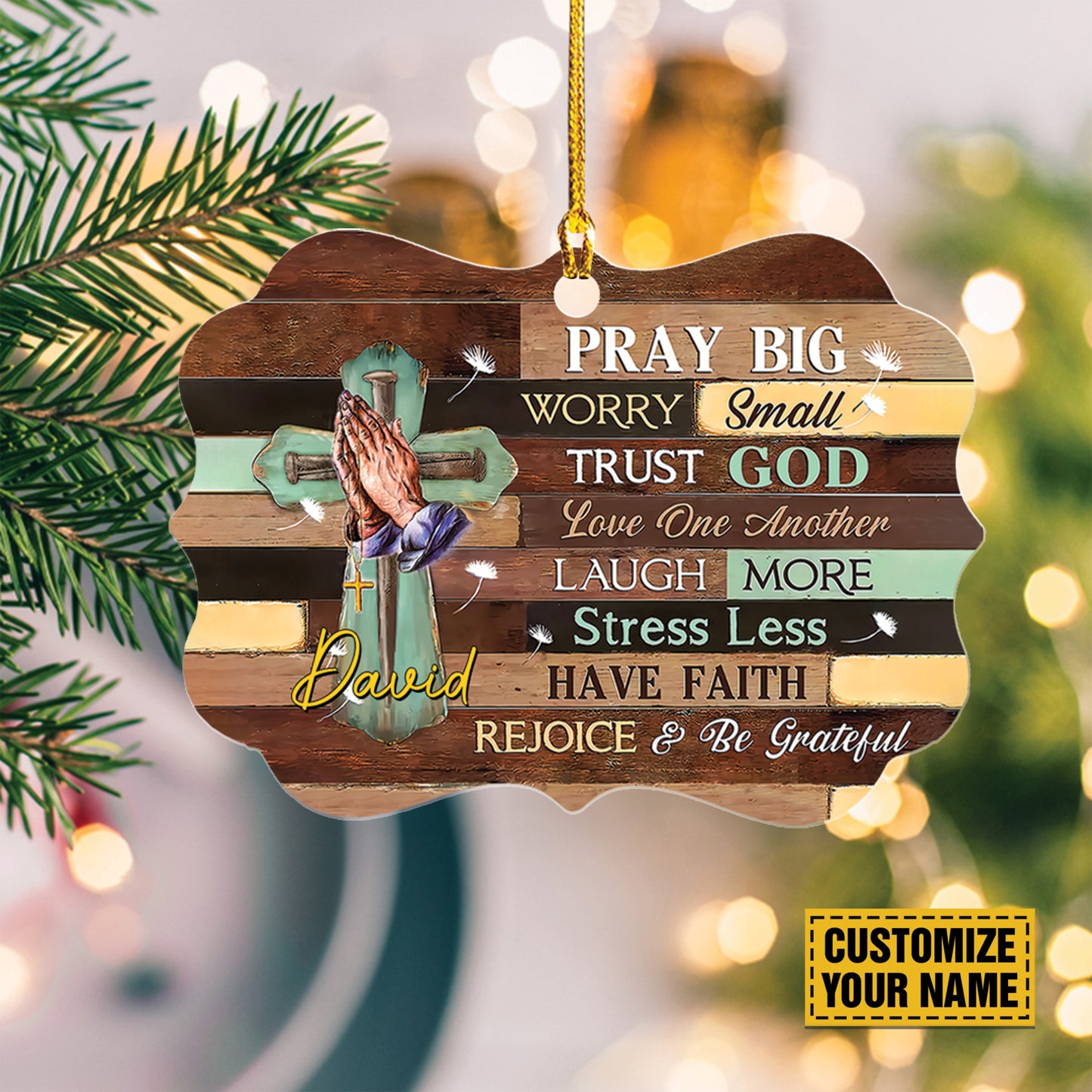 Teesdily | Customized Jesus Cross Hands Praying Ornament, Pray Big Worry Small Trust God Love One Another Ornaments Jesus Lovers Gifts, Christmas Decoration