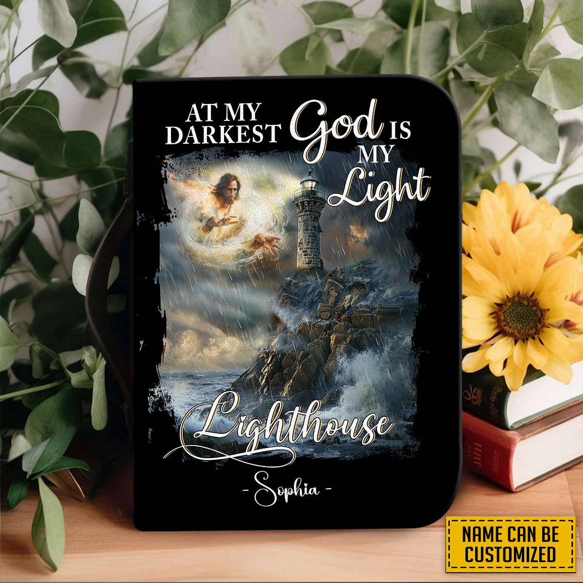 Teesdily | Personalized Jesus Lighthouse Storm Bible Cover, At My Darkest God Is My Light Bible Case With Handle, God Faith Christian Religious Gift