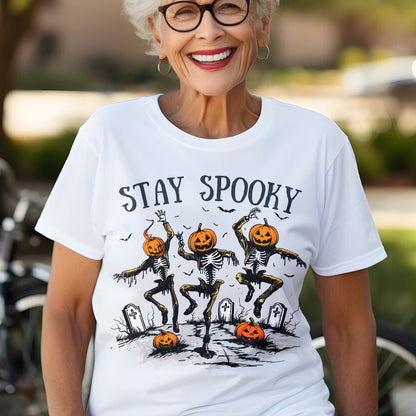 Teesdily | Halloween Skeleton Pumpkin Shirt, Stay Spooky Sweatshirt Hoodie Mug, Dancing Skeleton Pumpkin Face T-Shirt, Holiday Outfit, Halloween Gift