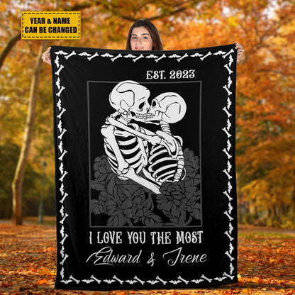 Teesdily | Skull Couple Personalized Fleece Blanket I Love You The Most Sofa Blanket Halloween Throw Spooky Skull Decor Goth Halloween Custom Gifts