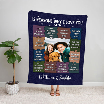 Teesdily | Couple Customize Blankets With Photos 12 Reasons Why I Love You Fleece Blanket Love Puzzles Warm Fleece Lover Valentine Anniversary Gifts