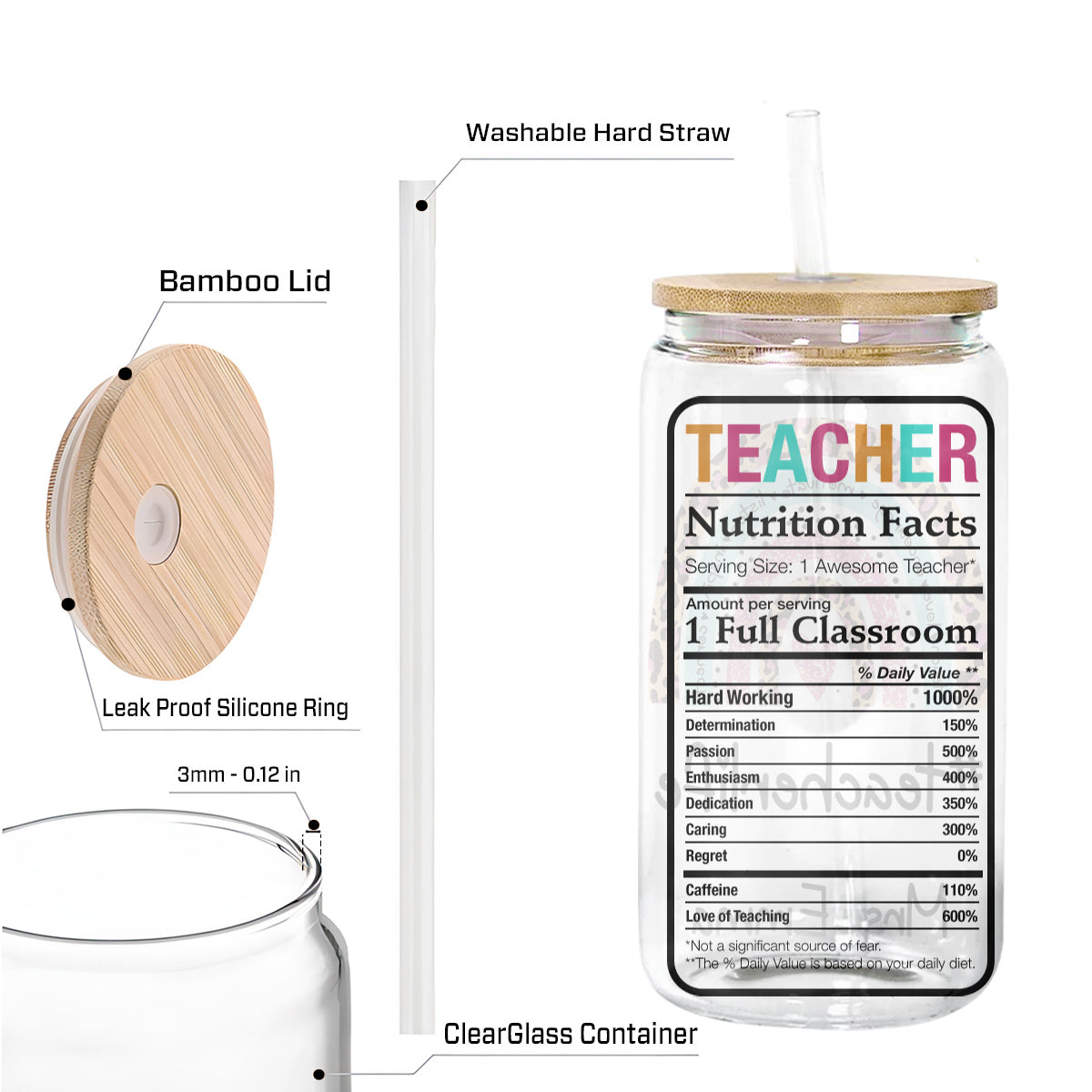 Teesdily | Teacher Life Rainbow Personalized Glass Can, Teacher Nutrition Facts Frosted Glass Can, Teacher Appreciation Glass Can With Straw Gifts