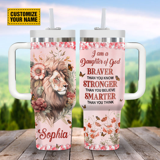 Teesdily | Customized Lion Floral Insulated Tumbler, I Am A Daughter Of God Travel Tumbler, Religious Gifts For Women, Personalized 40oz Tumbler