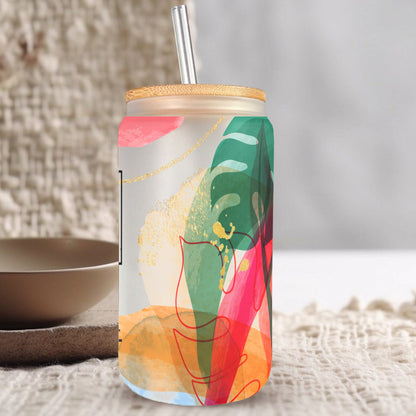 Teesdily | Jesus Abstract Art Gold Tropical Frosted Can, God Is Within Her She Will Not Fall Glass Can With Straw, Christian Gifts For Women Faith