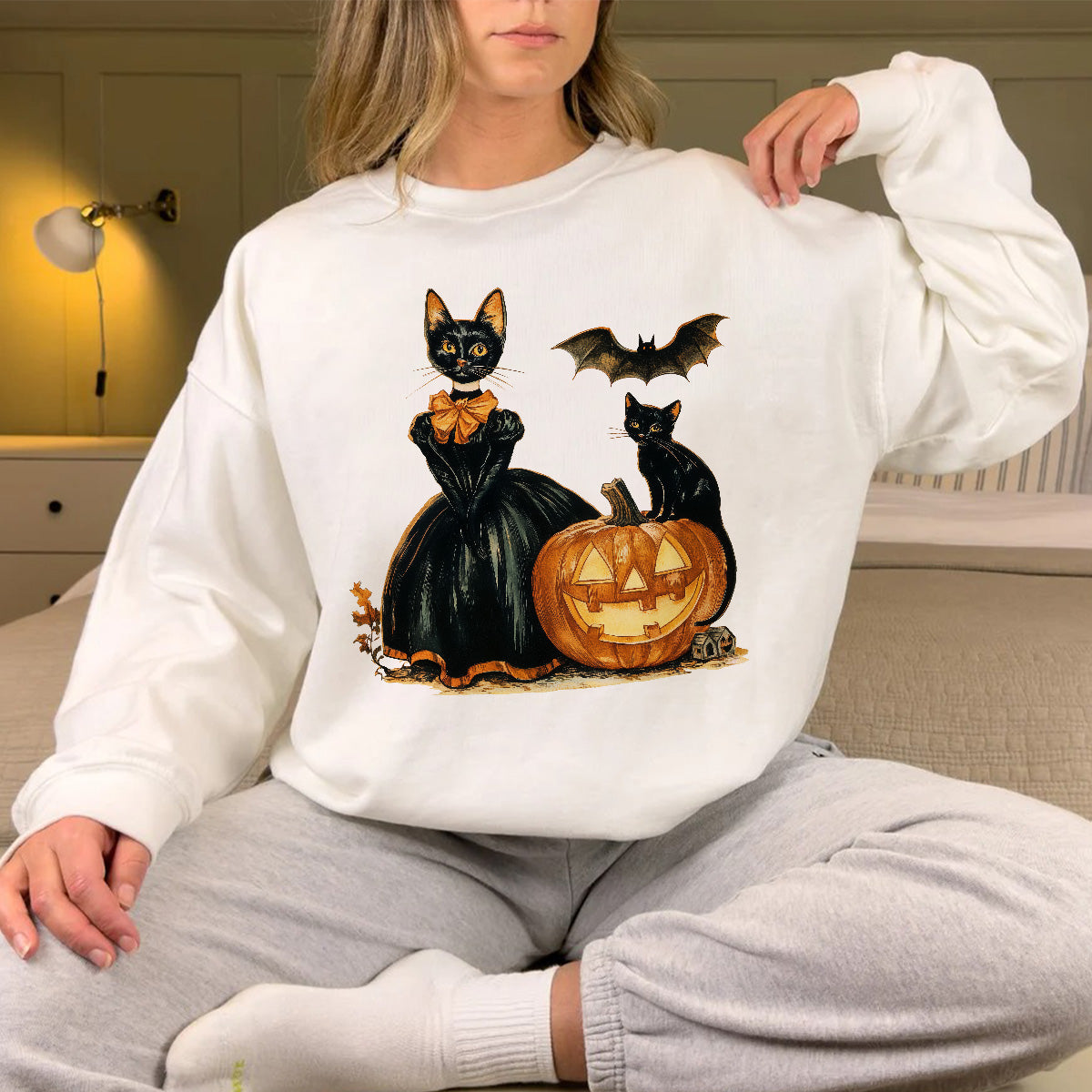 Teesdily | Cat Witch Halloween Shirt, Retro Halloween Pumpkin Sweatshirt, Black Cat Spooky Season Hoodie Mug, Cat Lover Gift