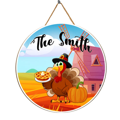 Teesdily | Customized With Turkey Bird In Pilgrim Hat Holds Sweet Pie And Stands Near Big Pumpkin Thanksgiving Gift Front Door Sign