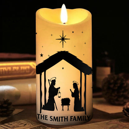 Teesdily | Custom Jesus Nativity Scene LED Candle No Battery, O Holy Night Music Sheet Nativity Christmas Decor, Religious Gift