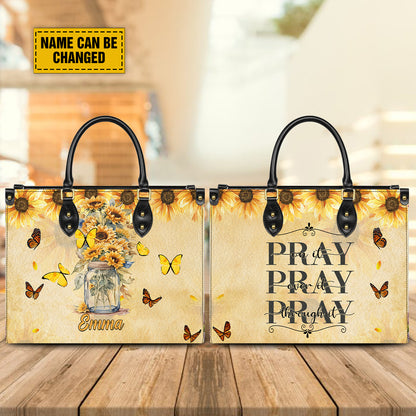 Teesdily | Customized Jesus Sunflower Butterfly Jesus Pray Bag, Pray On It Pray Over It Pray Through It Leather Bag, Christmas Gift For Mom Sister