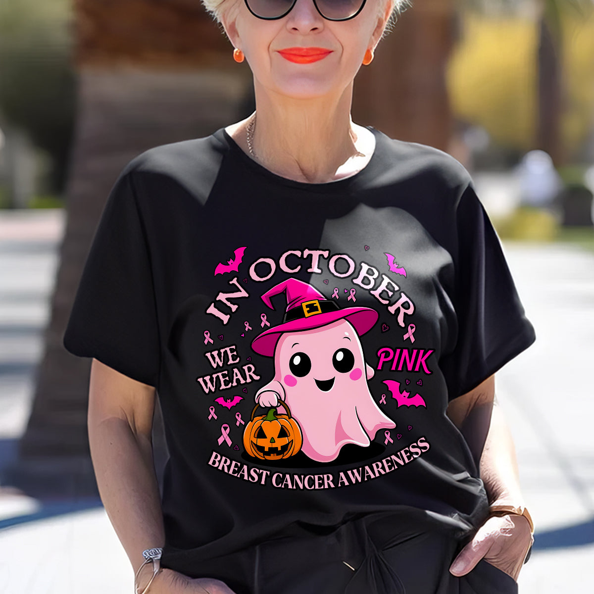 Teesdily | Cute Ghost Breast Cancer Awareness Shirt, In October We Wear Pink Tee Sweatshirt Hoodie Mug, Breast Cancer Support Warrior Gift