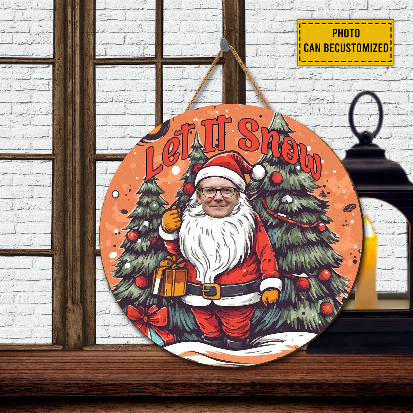 Teesdily | Customized Photo Santa Claus Cosplay Round Wood Sign Christmas Forest Wood Sign Home Decoration Christmas Humor Gifts For Family And Friend