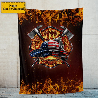 Teesdily | Customized Name American Firefighter Fleece Blanket American Fireman Travel Blanket Firefighter Dad Gifts Warm Sofa Blanket