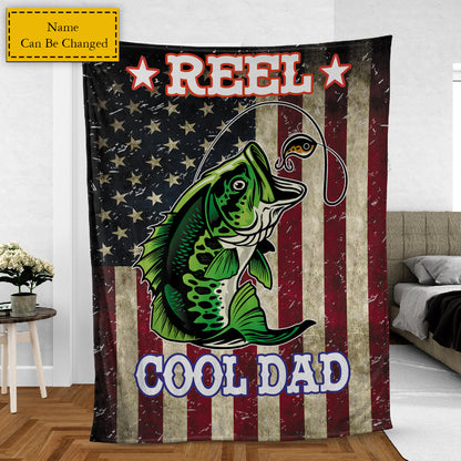 Teesdily | Fishing Dad Customized Fleece Blanket Reel Cool Dad Soft Sofa Blanket Grunge American Flag Fleece Blankets American Fishing Lover Gifts