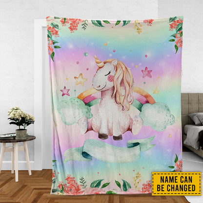 Teesdily | Cute Unicorn Magical Nursery Fleece Blanket Personalized Name Baby Blanket Unicorn Rainbow Throw Blanket Gift For Daughters