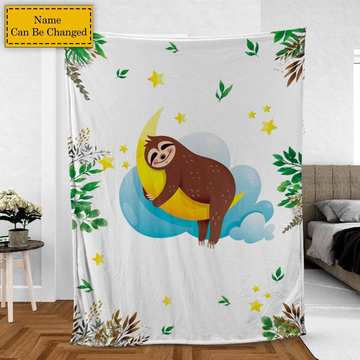 Teesdily | Customized Name Cartoon Sloth Moon Blanket For Women Girls Chibi Sloth Winter Fleece Blanket Throw Cute Gift Blankets For Adults Kids