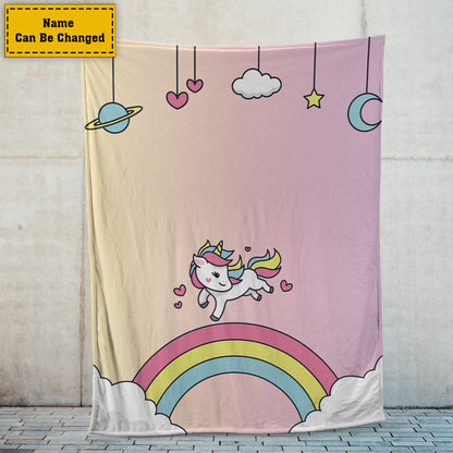 Teesdily | Unicorn Cartoon Customized Name Rainbow Fleece Blanket Unicorn Cute Kid Blanket Name Blankets For Boys Girls Baby Bed Sofa Room Decoration