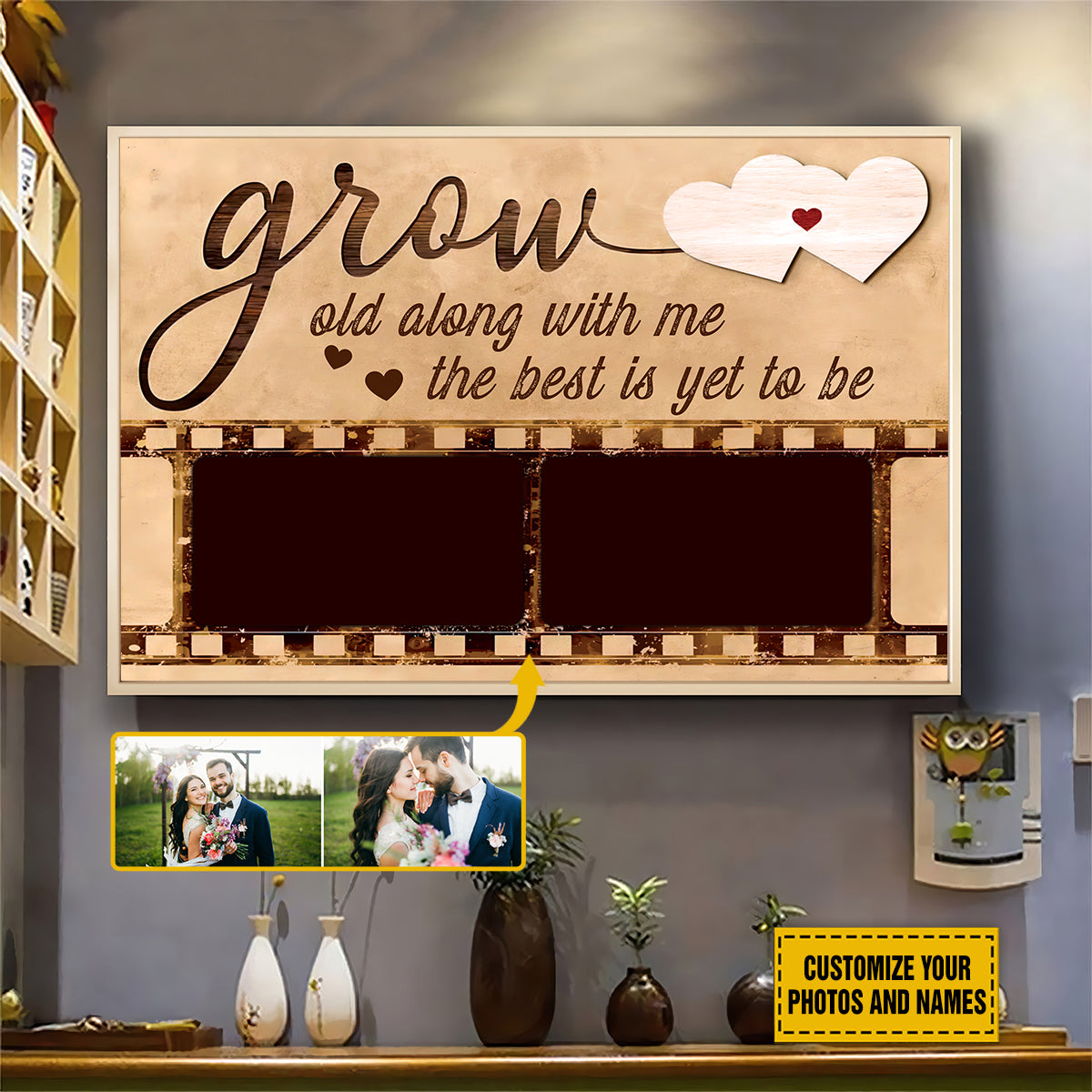 Teesdily | Couple Customized Photo And Name Poster Canvas Grow Old Along With Me Vintage Wall Decor Wedding Anniversary Gift For Wife Husband