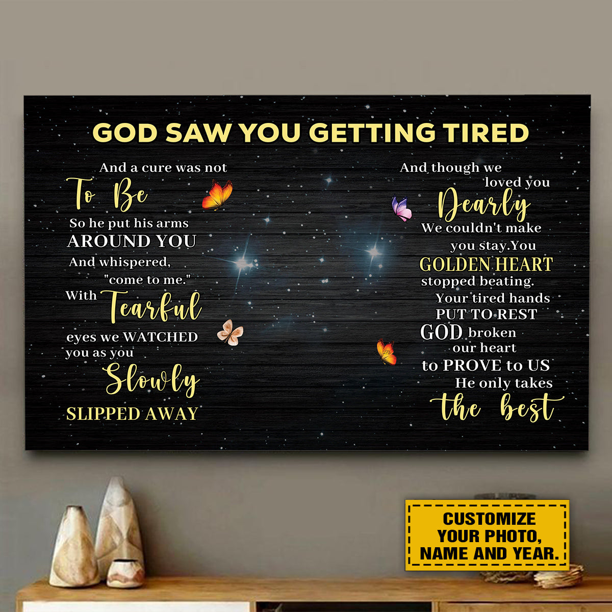 Teesdily | Family Member Remembrance Custom Poster With Photo God Saw You Getting Tired Canvas Art Memorial Funeral Poem Canvas For Loss Of Loved One