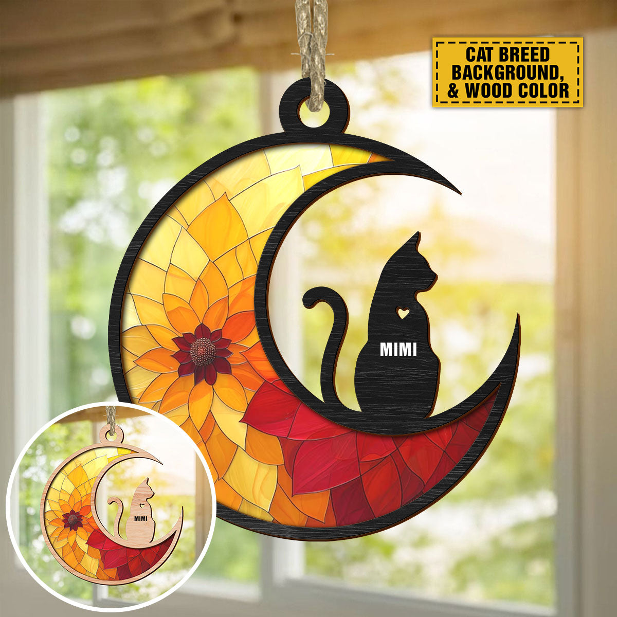 Teesdily | Personalized Cat On Moon Suncatcher Window Hangings, Keep Memories Custom Cat And Name Ornament, Gifts For Cat Lovers