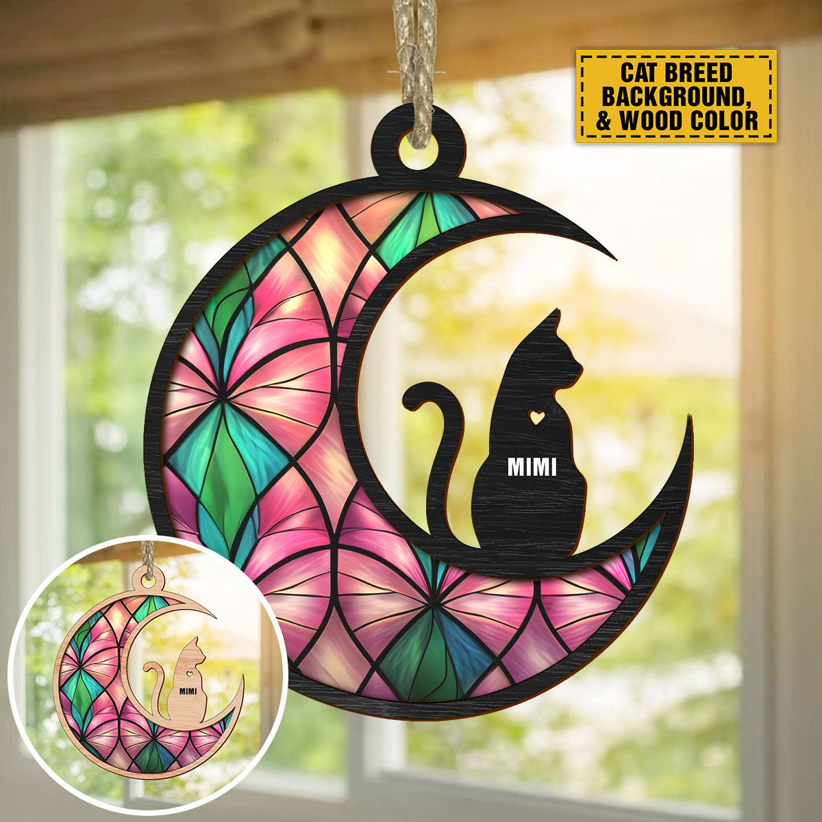 Teesdily | Personalized Cat On Moon Suncatcher Window Hangings, Keep Memories Custom Cat And Name Ornament, Gifts For Cat Lovers