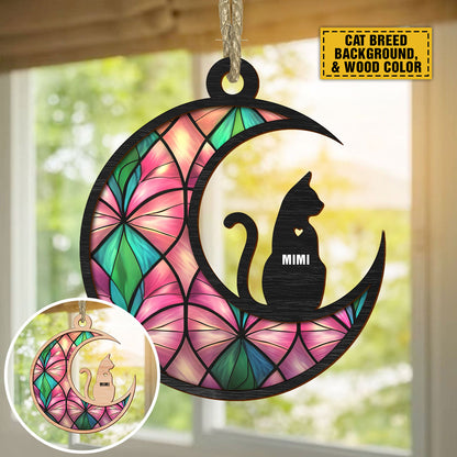 Teesdily | Personalized Cat On Moon Suncatcher Window Hangings, Keep Memories Custom Cat And Name Ornament, Gifts For Cat Lovers