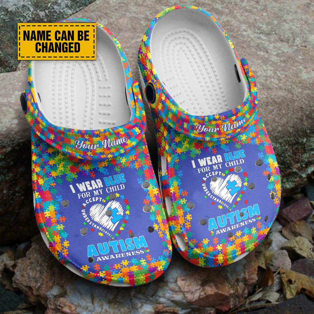 Teesdily | I Wear Blue For My Child Accept Understand Love Autism Awareness Customized Clogs Shoes, Gift For Autism, Autism'S Mom, Blue April Gift, Kid & Adult Unisex Clogs Shoes Eva