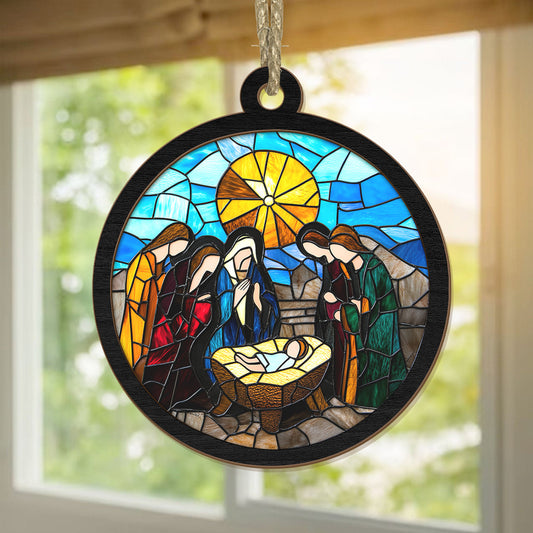 Teesdily | Christmas Nativity Jesus Suncatcher Ornament, Birth Of Jesus Suncatcher Print Stained Glass, Catholic Religious Ornament, Christmas Gift