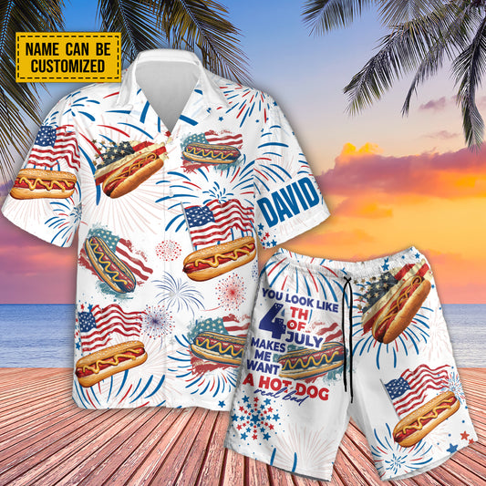 Teesdily | Custom American Hot Dog Burger Hawaiian Shirt, You Look Like The 4th Of July Hawaii Shirt, Patriotic Aloha Set, Happy 4th Of July Gift