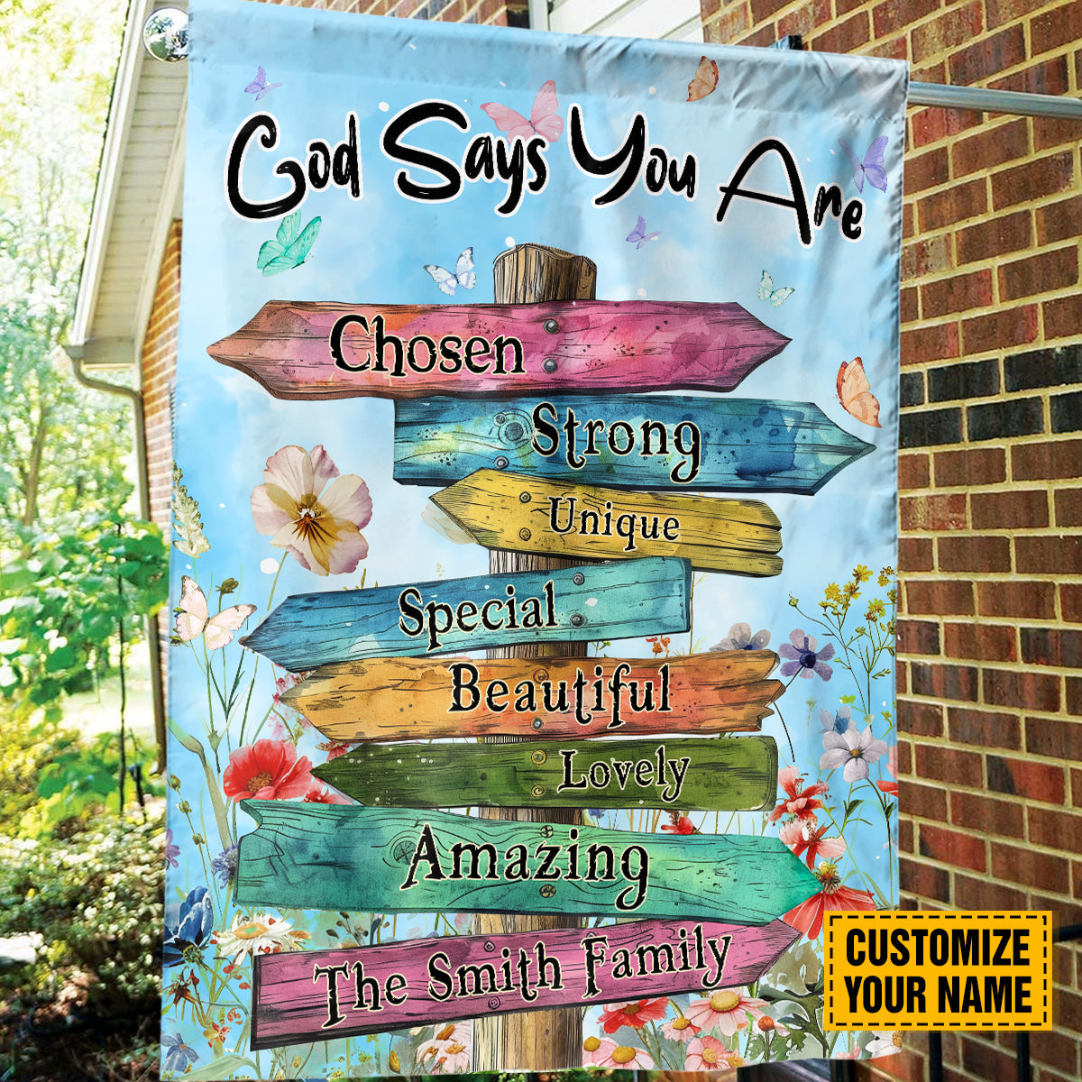 Teesdily | Customized Jesus Road Sign Floral Garden Flag, God Says You Are Flag Decor Home, God Bible Verse House Flag, Christian Positive Garden House Flag