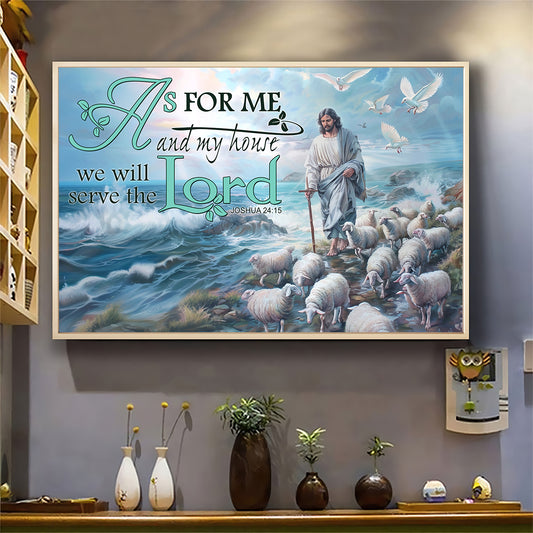 Teesdily | God Jesus Lamb Poster Canvas, As For Me And My House We Will Serve The Lord Wall Art, Christian Living Room Decor Poster Canvas