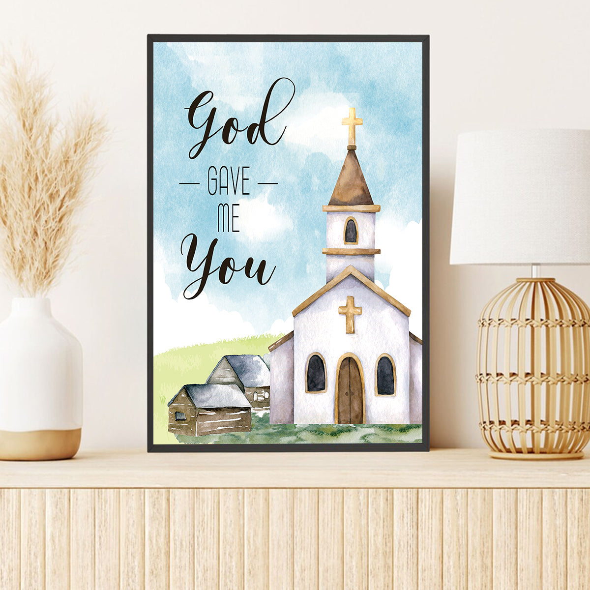Teesdily | Catholic Church Watercolor Poster, Country Church Art Canvas, God Gave Me You Print, Christian Home Decor Poster No Frame/ Wrapped Canvas
