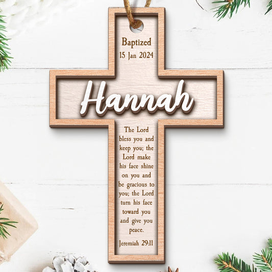 Teesdily | Customized Jesus Baptism Christmas Ornament, The Lord Bless You And Keep You 2 Layered Wood Ornament, Jesus Xmas Gift