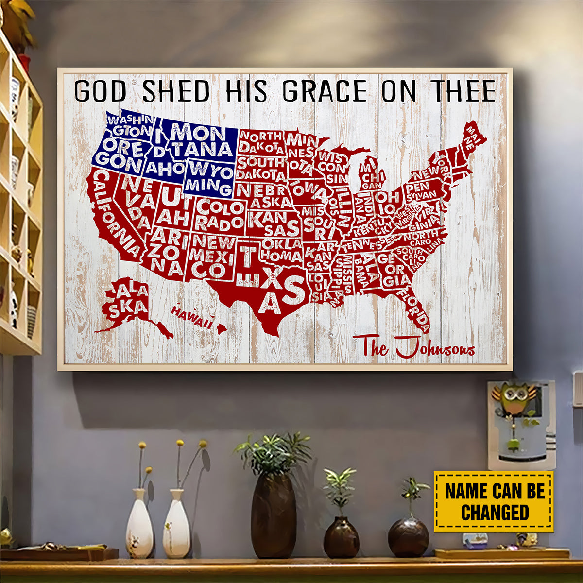 Teesdily | Independence American Map Customized Poster Canvas, God Shed His Grace On Thee Wall Decor, 4th Of July Home Decor, Christian Family Gifts