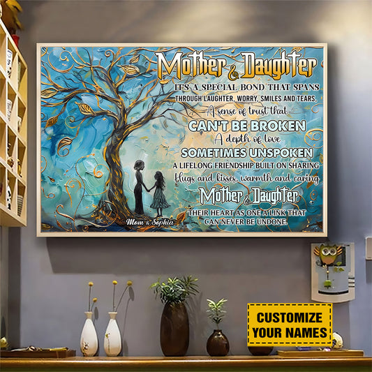 Teesdily | Customized Mother Daughter Tree Wall Art, Mom Daughter A Bond That Can't Be Broken Wall Art, Mothers Day Gifts Poster Canvas