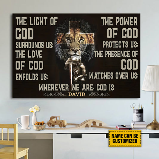 Teesdily | Customized Lion Of Judah Jesus Warrior Cross Poster, The Light Of God Surrounds Us Christian Canvas, Jesus Lovers Gifts