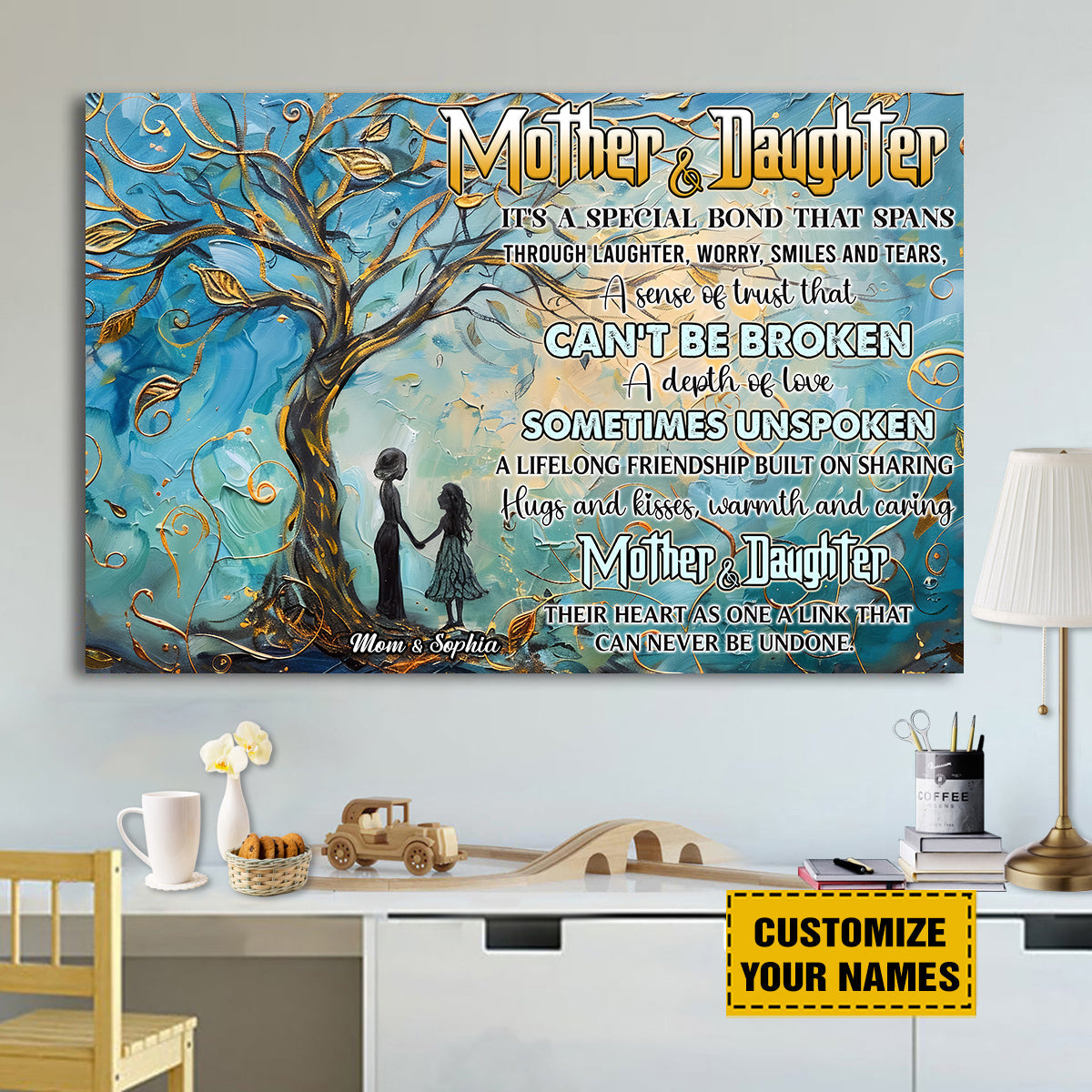 Teesdily | Customized Mother Daughter Tree Wall Art, Mom Daughter A Bond That Can't Be Broken Wall Art, Mothers Day Gifts Poster Canvas