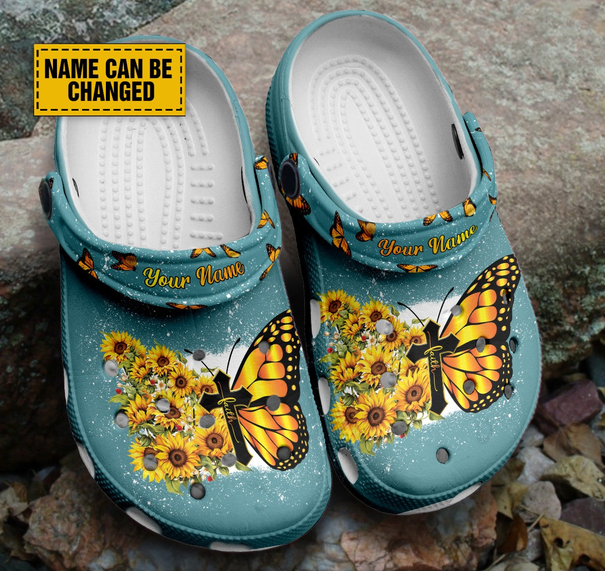 Teesdily | Faith Sunflowers And Butterflies Jesus Customized Cross Clogs, Gift For Jesus Lovers, God Faith Believers, Christian Gifts, Kid & Adult Unisex Clogs Shoes Eva