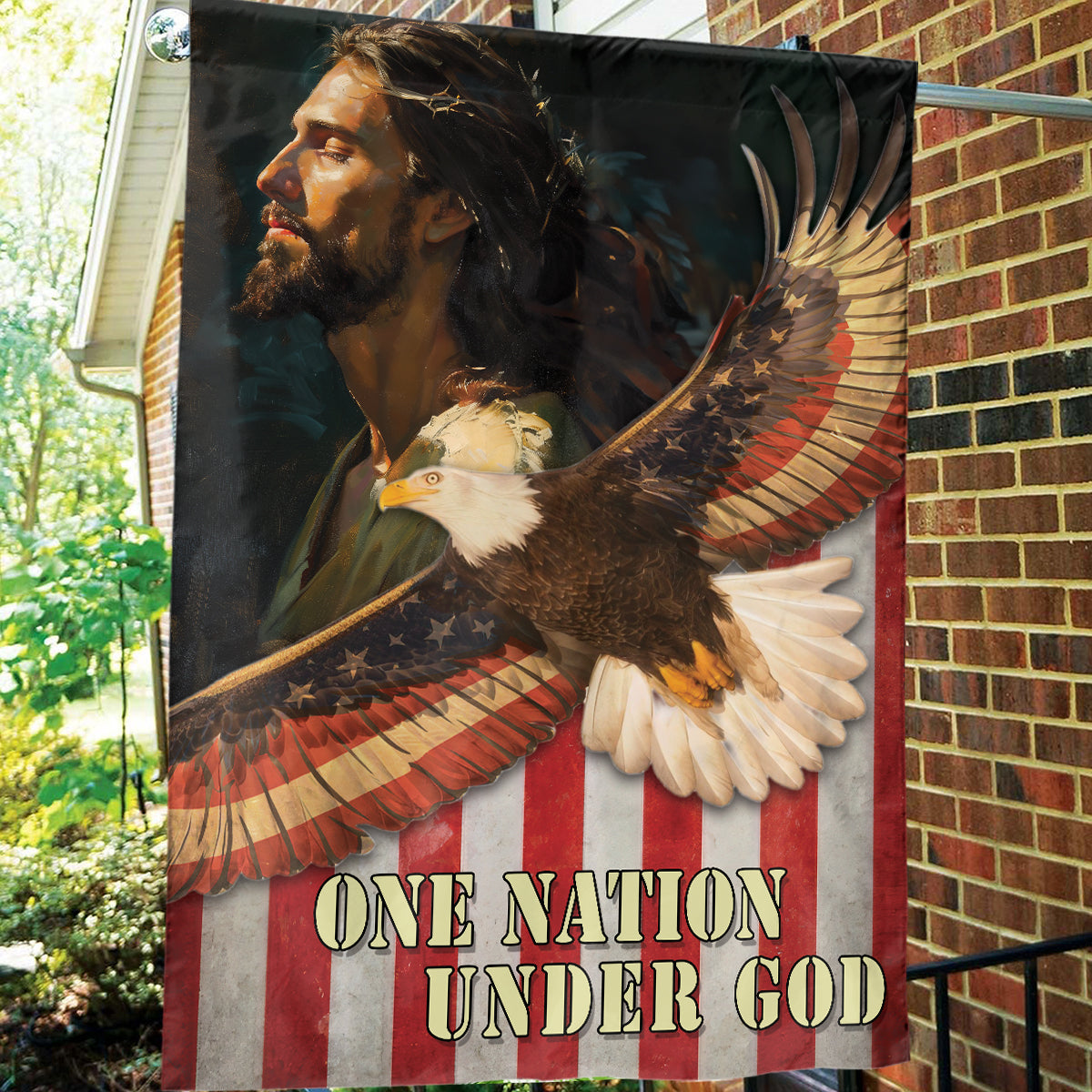 Teesdily | Jesus American Garden Flag, Jesus Eagle House Flag, One Nation Under God Double Sided Flag, Independence Day Outdoor Flag, American Pride