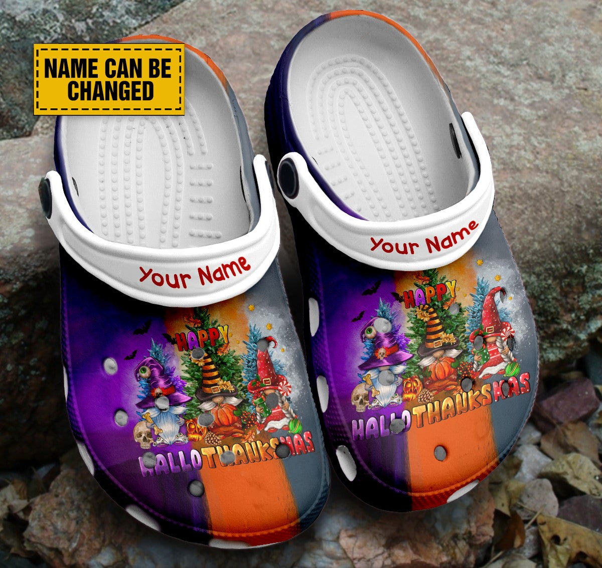 Teesdily | Happy Hallothanksmas Customized Clog Shoes, Gift For Halloween, Thanks Giving, Christmas, Gift For Gnomes Lovers, Kid & Adult Eva Clogs