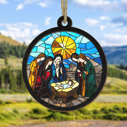 Teesdily | Christmas Nativity Jesus Suncatcher Ornament, Birth Of Jesus Suncatcher Print Stained Glass, Catholic Religious Ornament, Christmas Gift