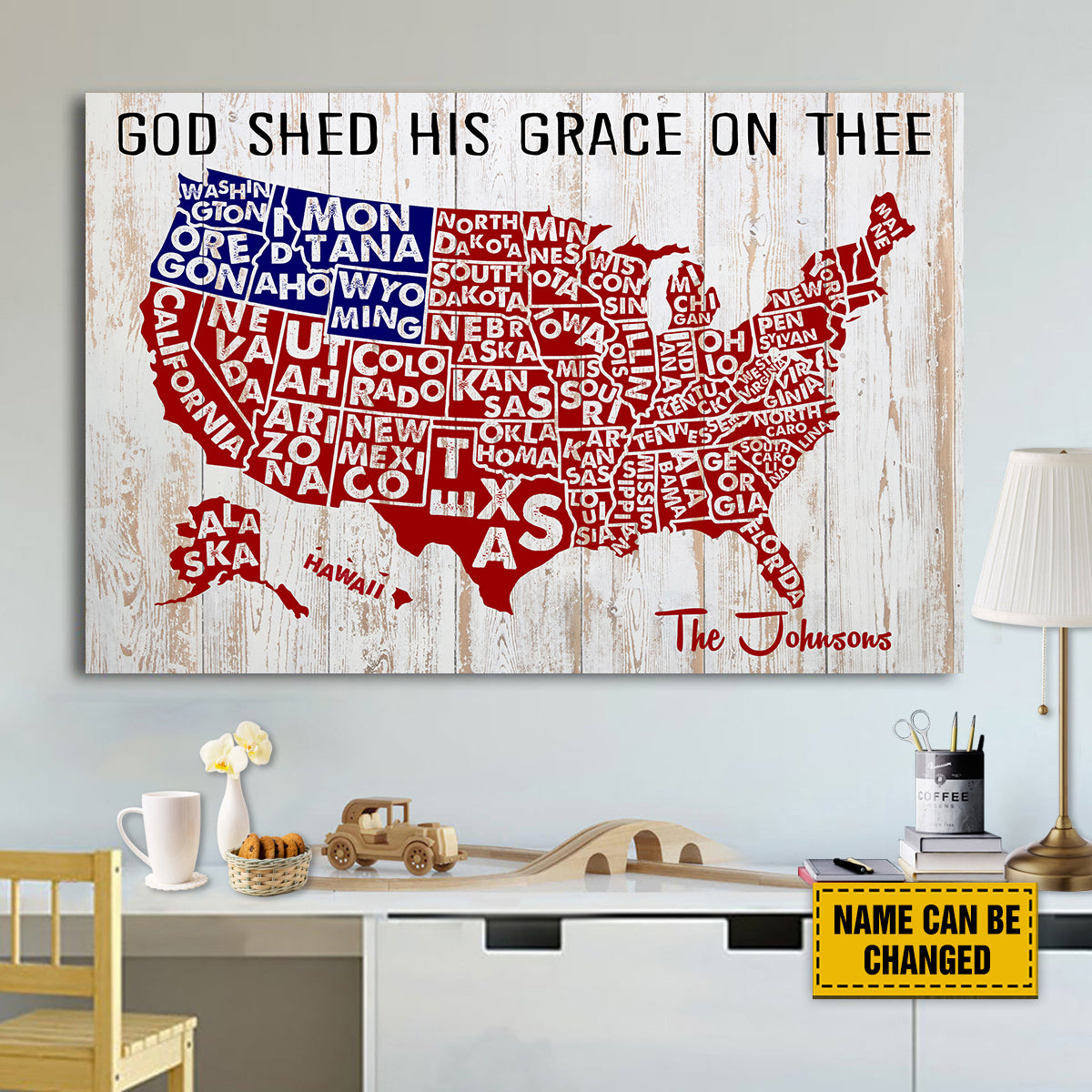 Teesdily | Independence American Map Customized Poster Canvas, God Shed His Grace On Thee Wall Decor, 4th Of July Home Decor, Christian Family Gifts