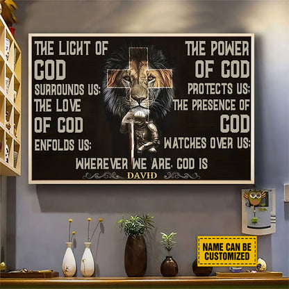 Teesdily | Customized Lion Of Judah Jesus Warrior Cross Poster, The Light Of God Surrounds Us Christian Canvas, Jesus Lovers Gifts, Home Decoration