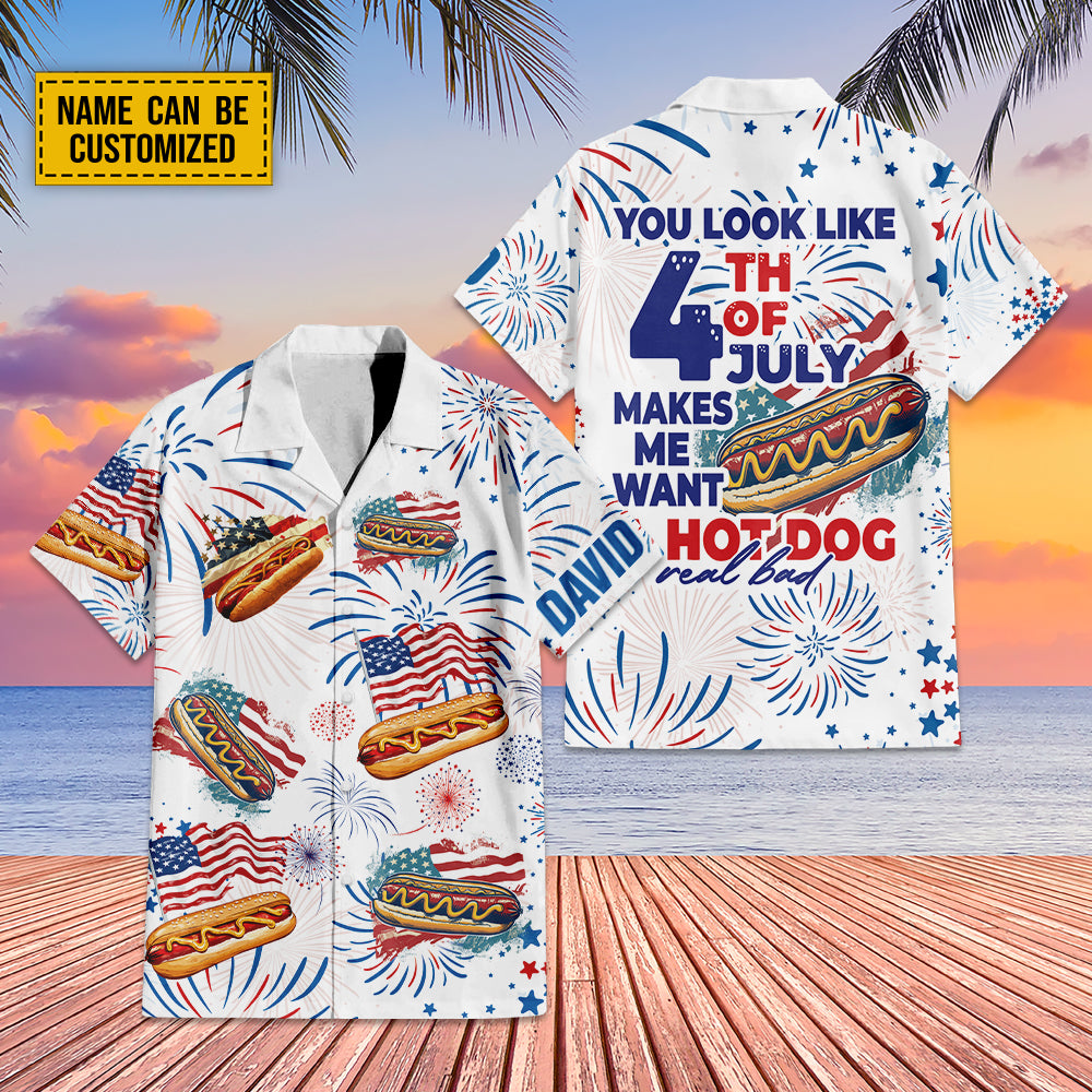 Teesdily | Custom American Hot Dog Burger Hawaiian Shirt, You Look Like The 4th Of July Hawaii Shirt, Patriotic Aloha Set, Happy 4th Of July Gift