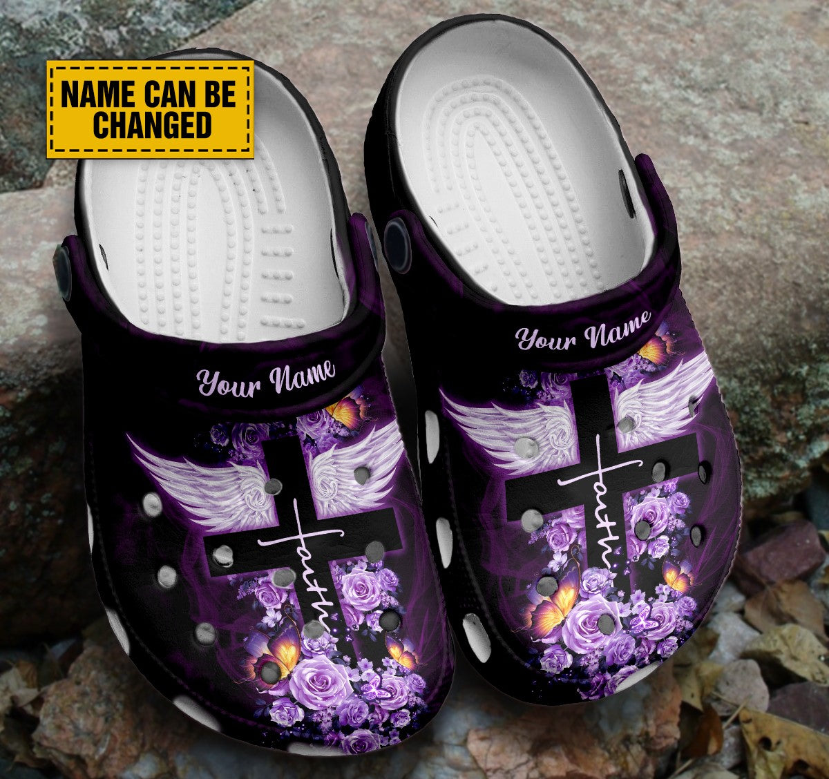 Teesdily | Jesus Faith Customized Clog Shoes, Cross With Wings Butterfly Rose Clogs, Faith Rose Purple Kid & Adult Eva Clogs, Personalized Gifts