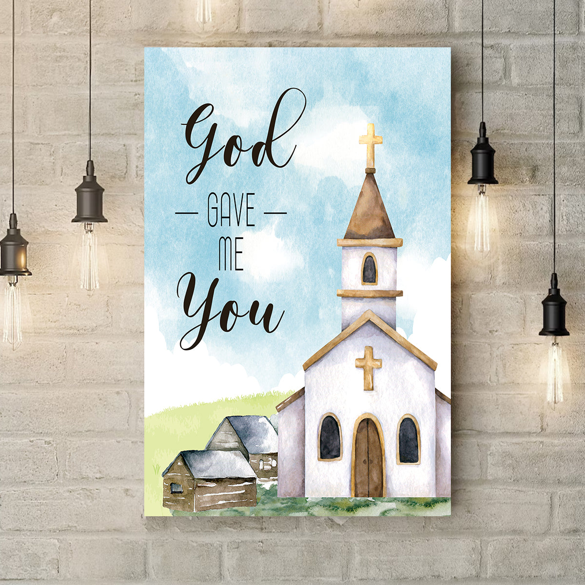 Teesdily | Catholic Church Watercolor Poster, Country Church Art Canvas, God Gave Me You Print, Christian Home Decor Poster Canvas