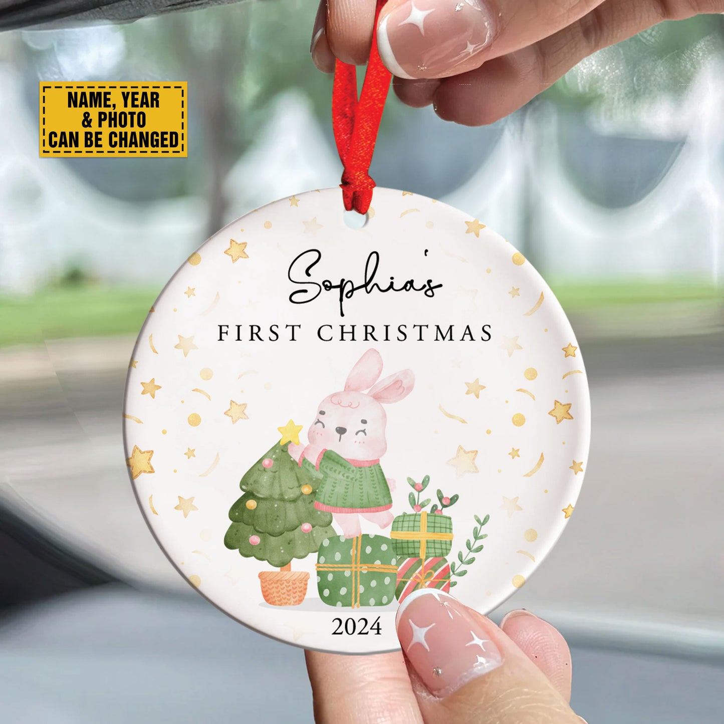 Teesdily | Personalized Baby's First Christmas Ornament 2024, 1st Christmas Custom Car Hanging Ornament, Christmas Keepsake, Baby Christmas Tree Decor